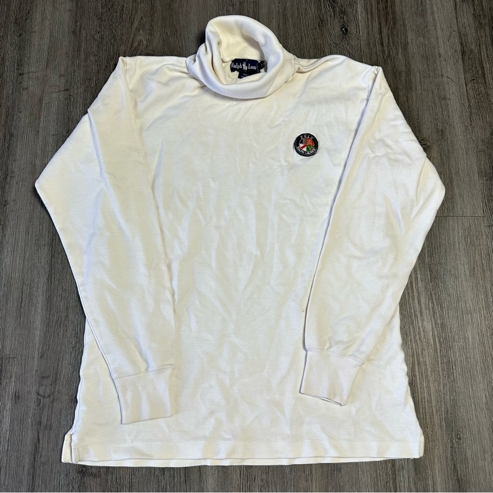 Vintage polo Ralph Lauren cookie patch white blue turtleneck long sleeve t shirt